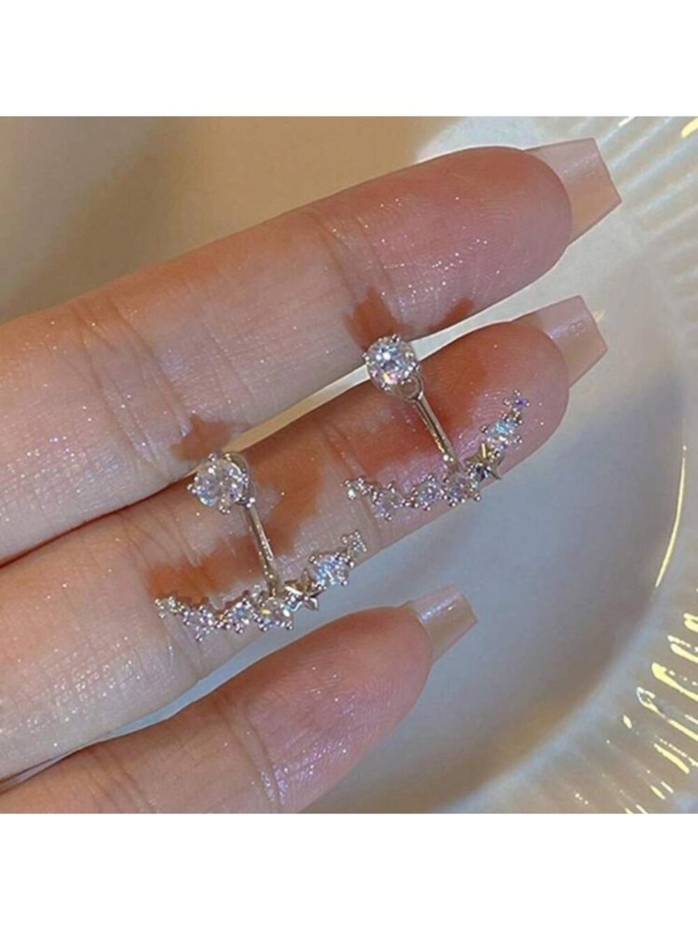 Silver Rhinestone Jacket Stud Earrings - Picture 2 of 3